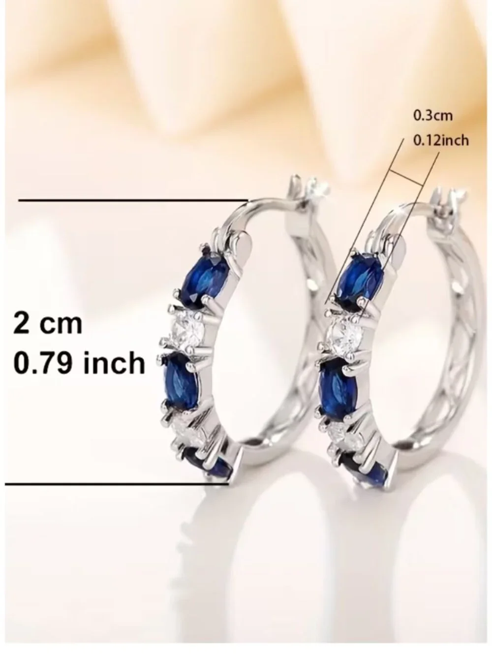 Blue & White Synthetic Sapphire Hoop Earrings Nickel Free Plating December Birth